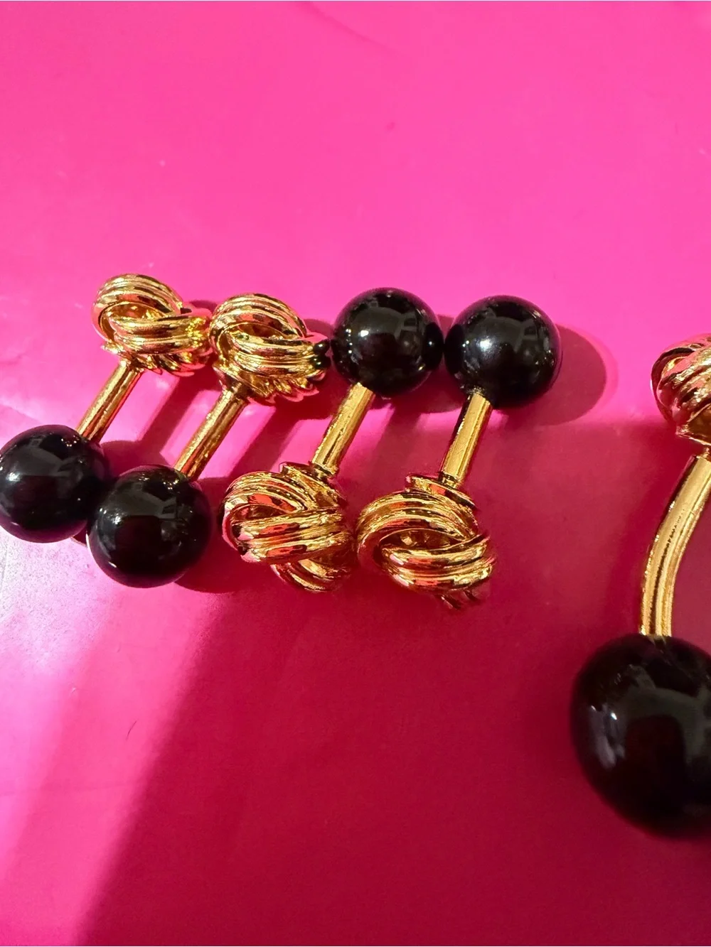 3 Sets (Lg & 2 Sm) Gold Tone Love Knot/Black Onyx Ball Cuff Links Saks Fifth Ave